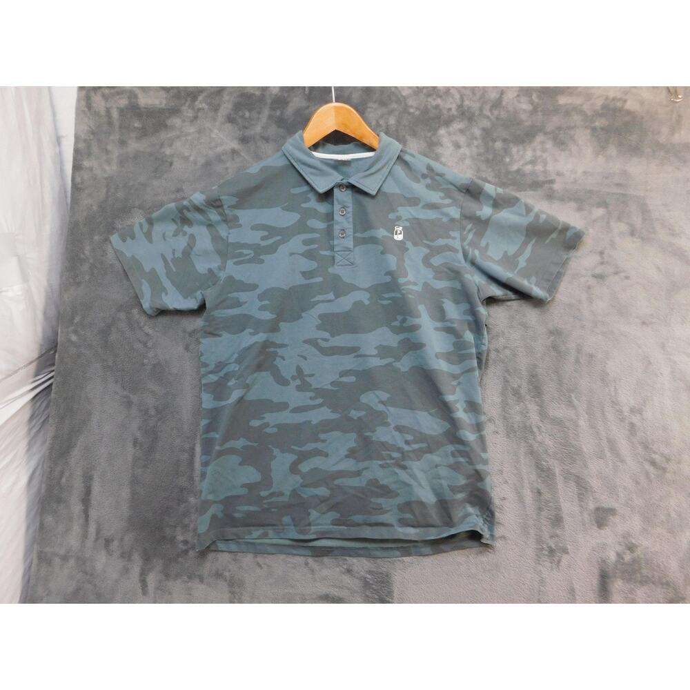 Moonshine Polo Shirt Mens Large Green Camo Stretch Performance Flag Logo
